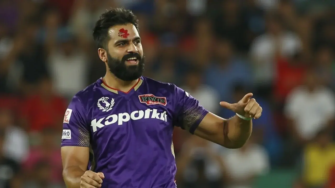 Tight frame from the side of the field showing a KKR batter completing a stroke during IPL 2026