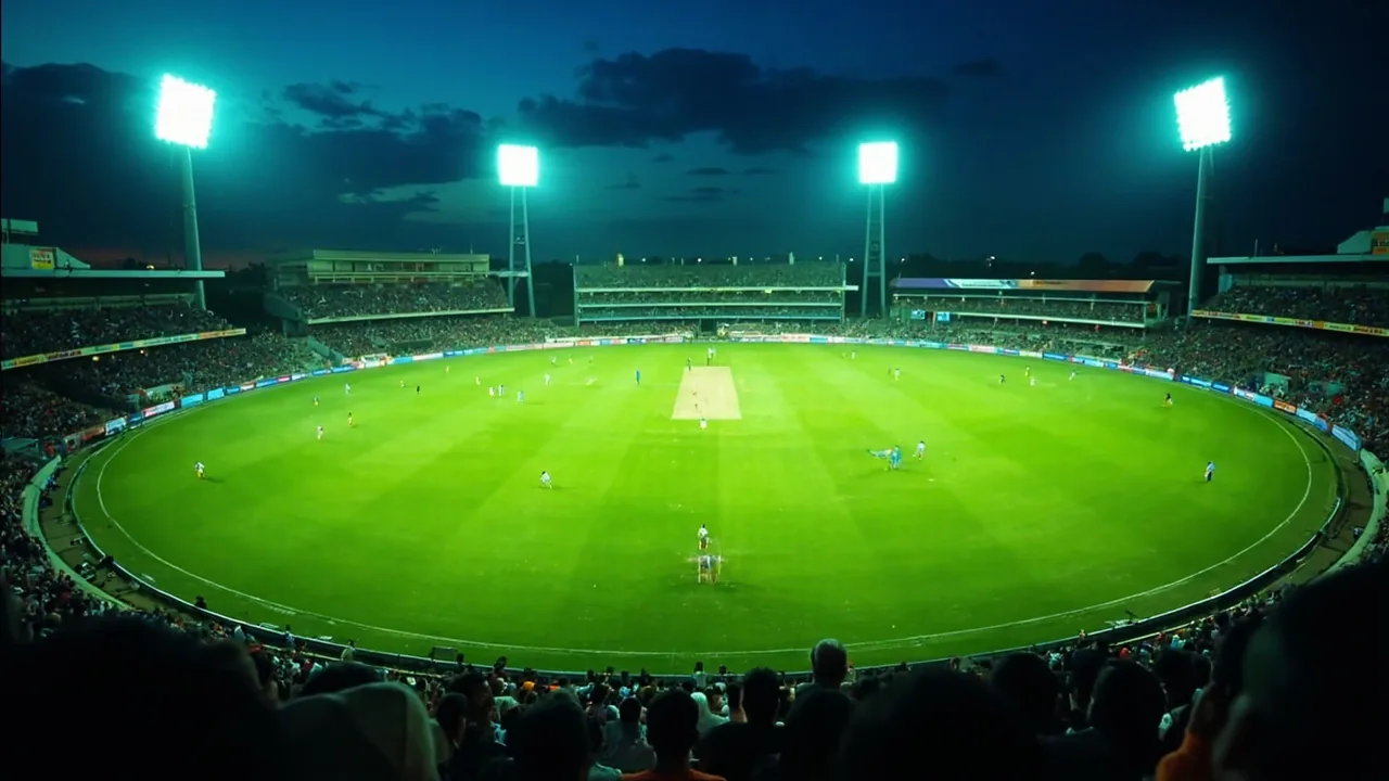 Wide evening view of a floodlit cricket stadium with fielders spread across the green outfield and spectators filling the tiered stands