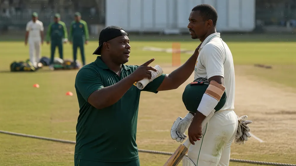 Coach in a green shirt talking to a batter in whites who holds a bat and helmet with tape visible on one finger
