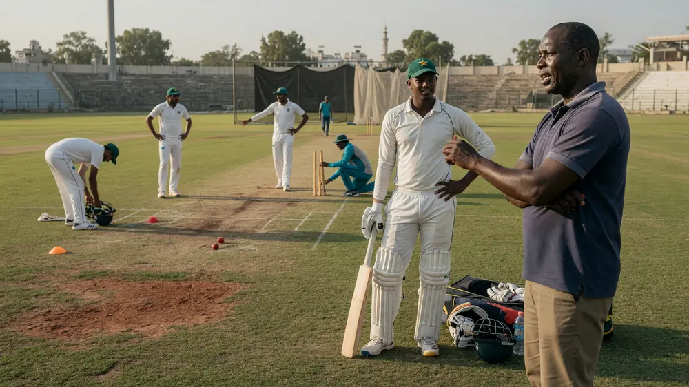 Batter in whites and a coach on a practice square while teammates warm up around the pitch